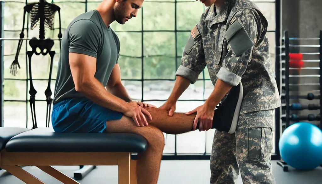 DALL·E 2024-08-23 20.45.09 - A soldier receiving physical therapy in a modern rehabilitation center. The soldier is on a therapy table, guided by a physical therapist who is helpi